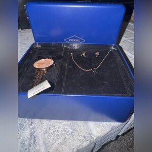 Fossil Rose Gold Watch and Heart Jewelry Set New in Tin